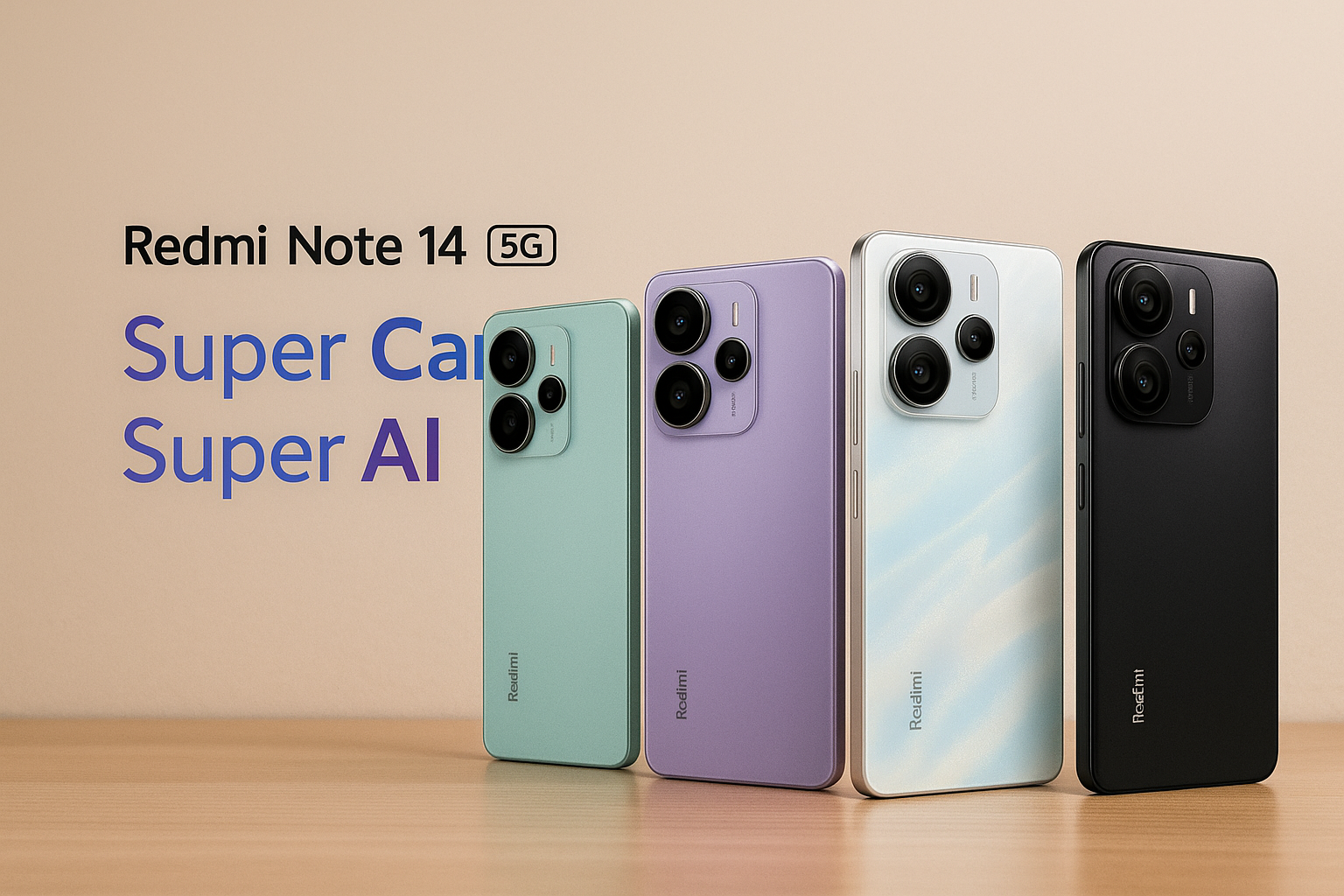 Four Redmi Note 14 5G smartphones in mint green, lavender purple, pearl white, and matte black colors displayed upright on a wooden surface with the promotional text 'Super Camera. Super AI.' showcasing their triple rear camera modules and sleek modern design