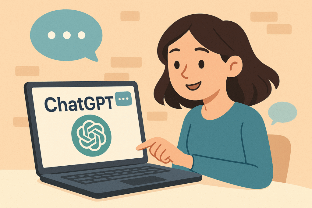 A girl smiling while using ChatGPT on her laptop.