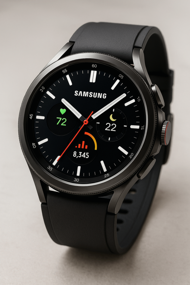 High-resolution image of the Samsung Galaxy Watch 2025 featuring a sleek circular stainless-steel frame, vibrant AMOLED display with colorful fitness dials, and a modern silicone strap—showcasing the latest smartwatch technology for fitness and lifestyle tracking.