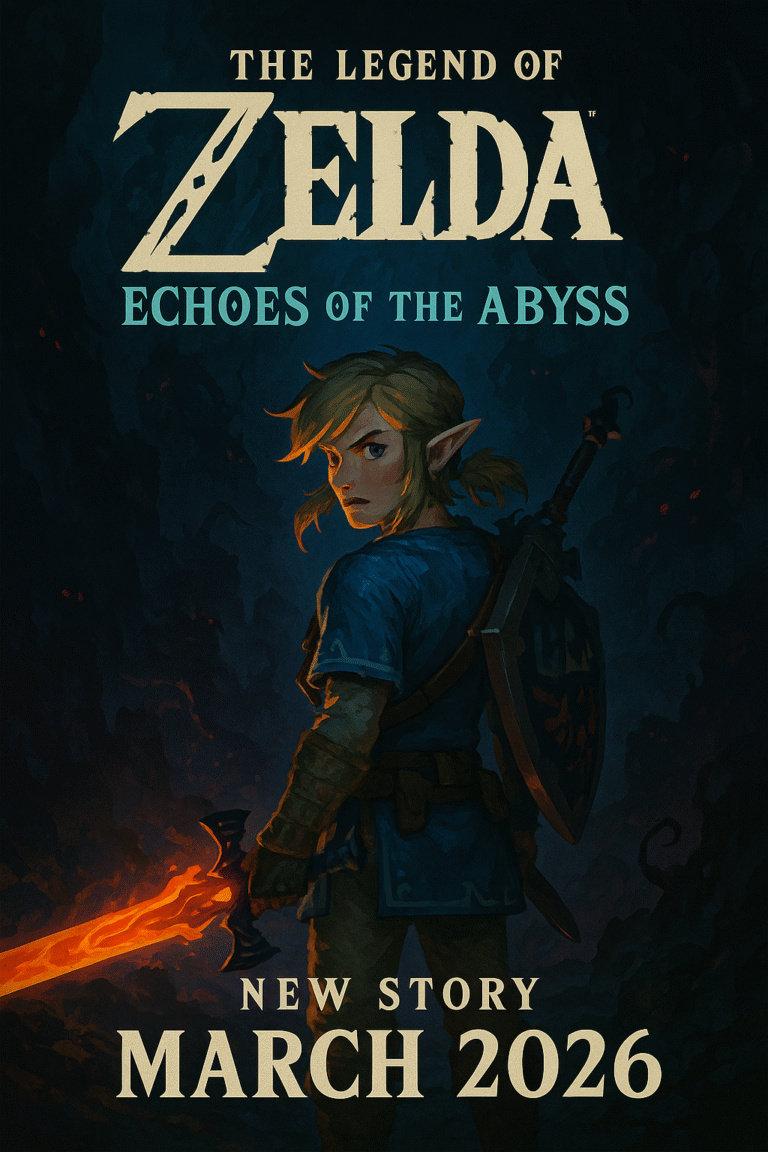 A promotional digital illustration for “The Legend of Zelda: Echoes of the Abyss,” featuring Link holding a fiery Master Sword, standing in a dark, shadowy cave. The artwork is stylized with deep blues and oranges, evoking a mysterious and epic atmosphere. Text reads: “The Legend of Zelda: Echoes of the Abyss – New Story March 2026.”